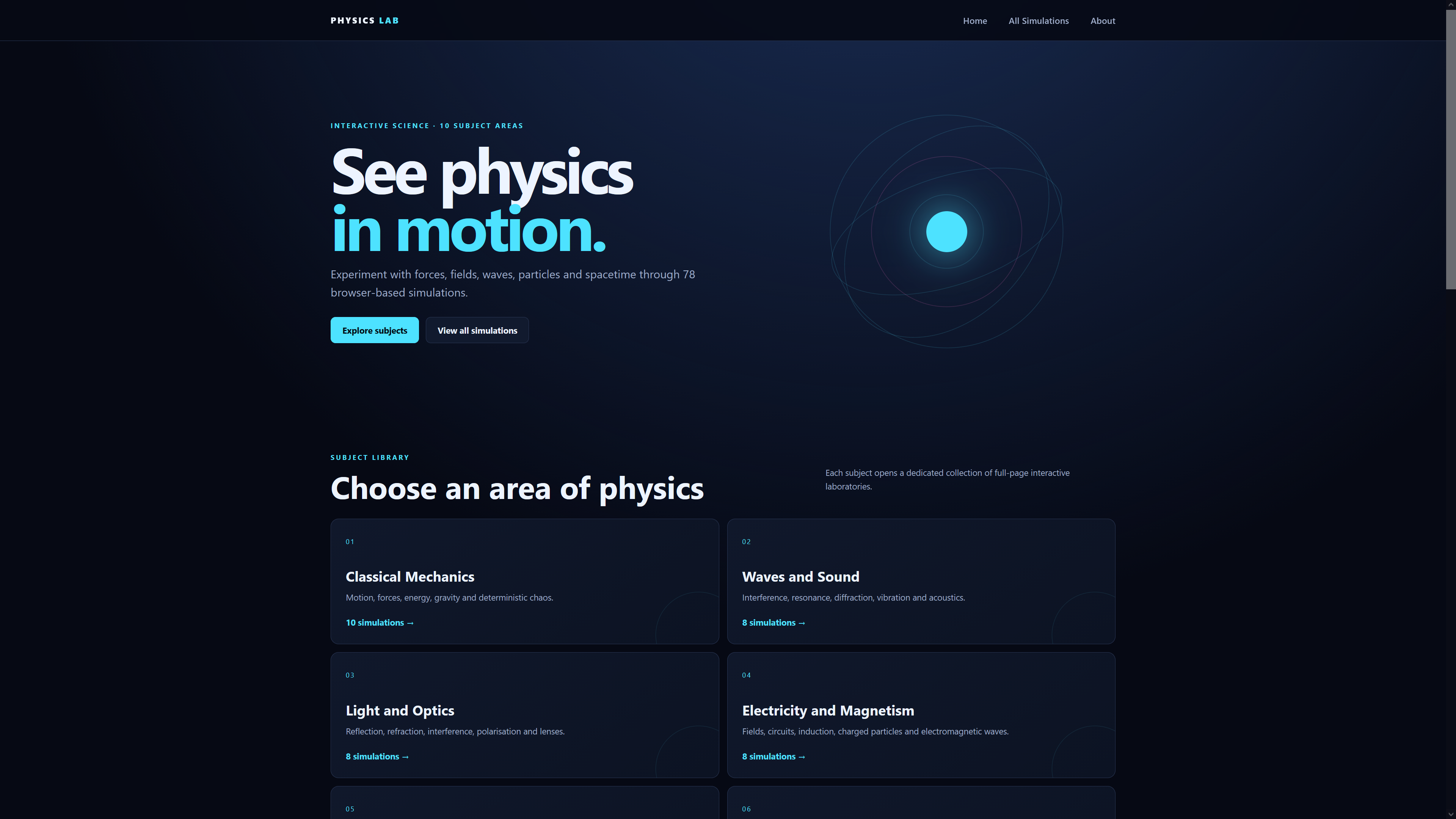 Physics Lab home page introducing Alan’s interactive physics simulations